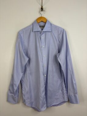 Canali Dress Shirt Mens 44 17.5 Blue Red Micro Dot Cotton Sateen Made in Italy